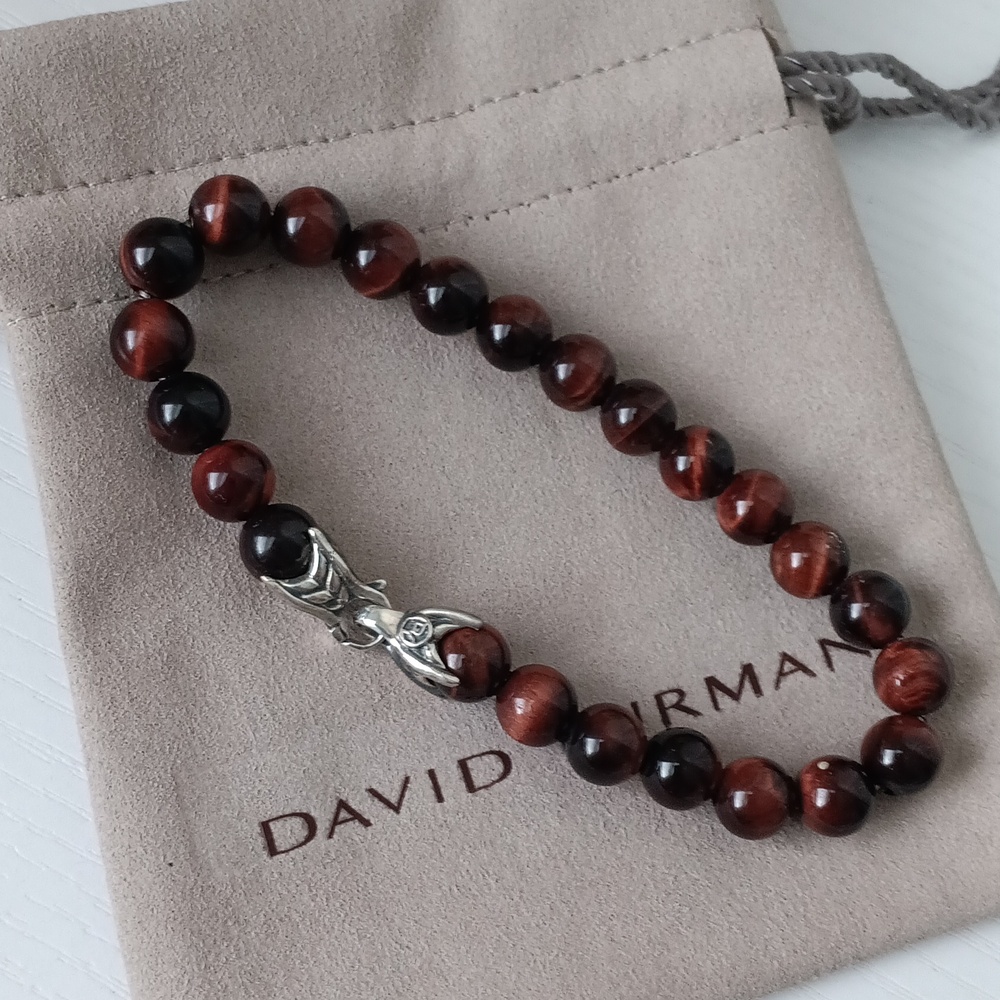 David Yurman Men's Sterling Silver 8mm Red Tiger's Eye Spiritual Bead Bracelet